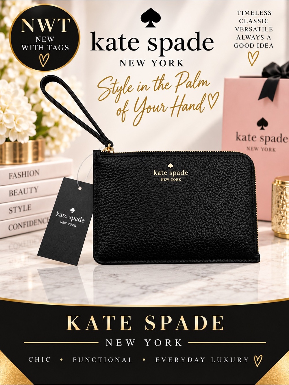 Kate Spade NWT black pebbled leather wristlet  with gold logo